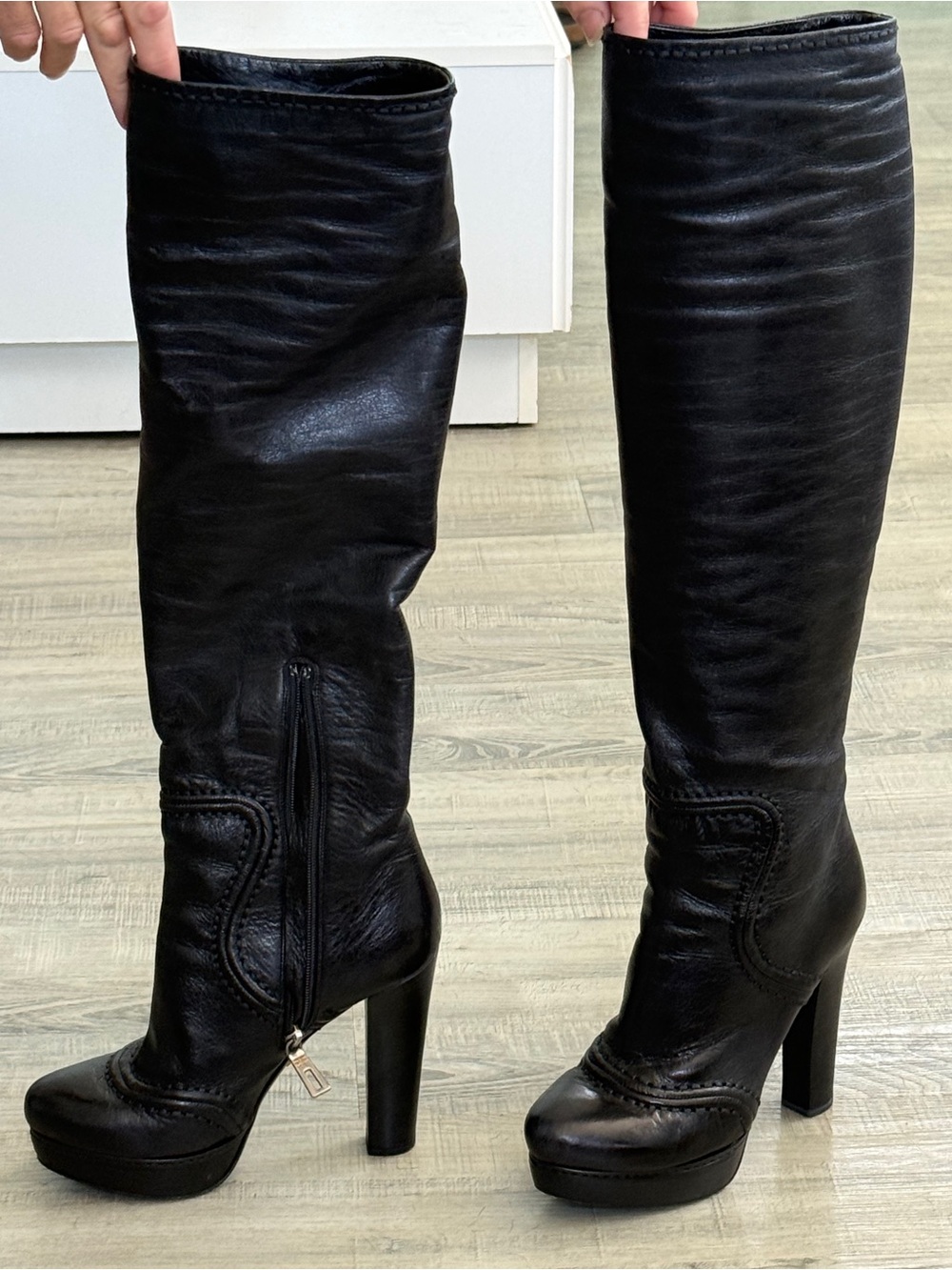 Prada Black Leather Knee High Platform Boots 36.5 / 6.5 Italy
